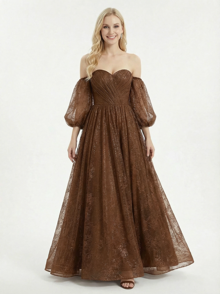 Sparkly Off Shoulder Sequin Tulle A line Formal Long Prom Dresses