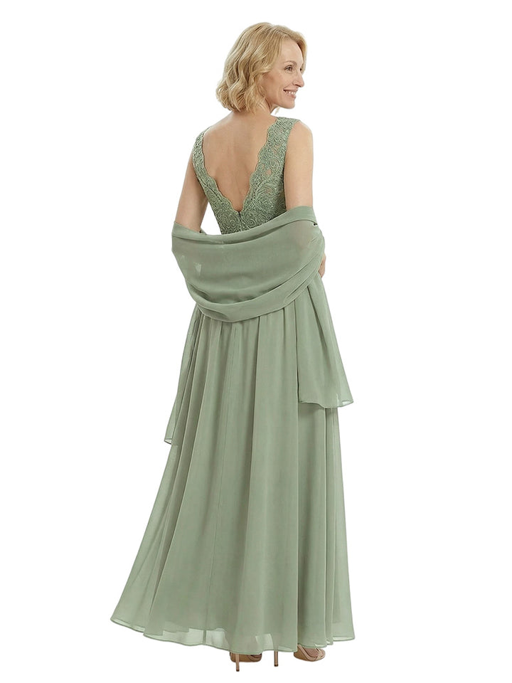 Elegant V-Neck Lace Applique Sleeveless A-Line Floor-Length Chiffon Mother Of The Bride Dress
