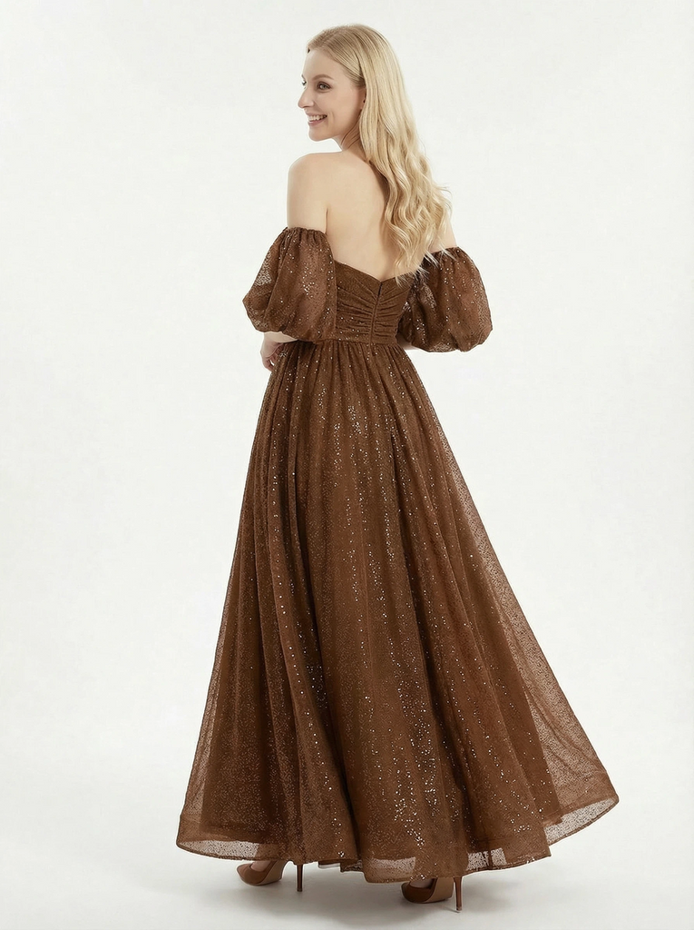 Sparkly Off Shoulder Sequin Tulle A line Formal Long Prom Dresses