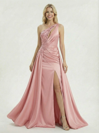 Sexy Satin One Shoulder Long Mermaid Party Prom Dresses OverSkirt