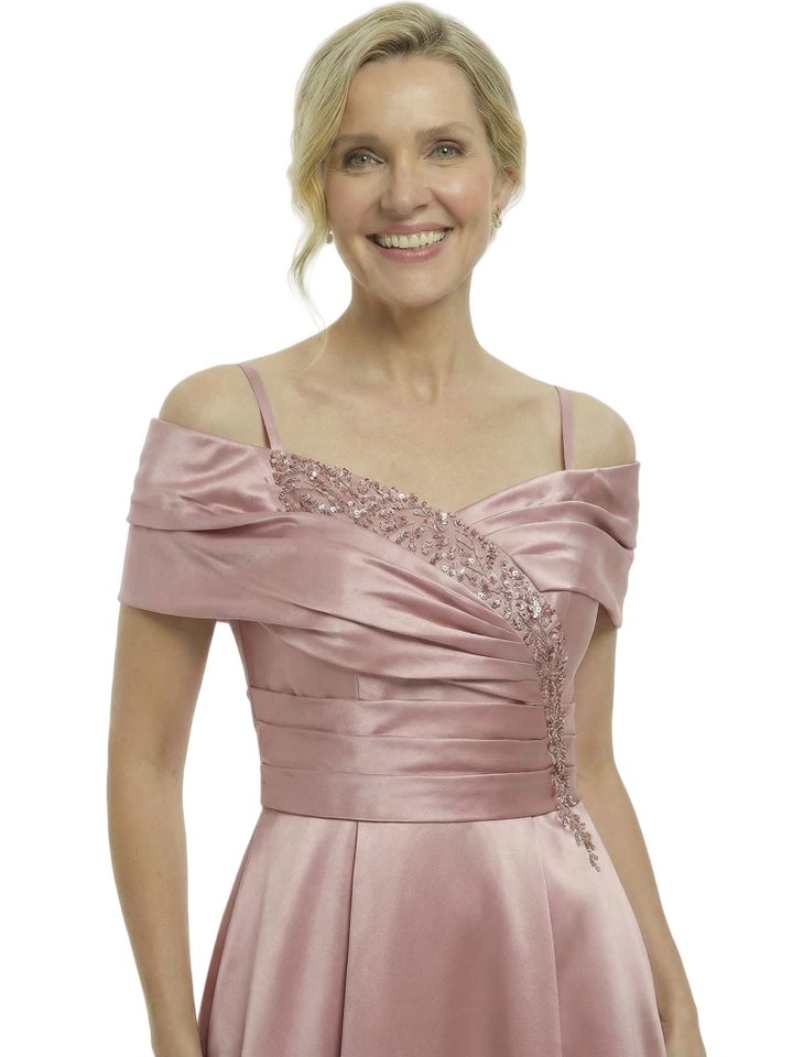 Elegant Off Shoulder Ruched Mother of The Groom Satin Gown With Sequin Detail