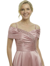 Elegant Off Shoulder Ruched Mother of The Groom Satin Gown With Sequin Detail