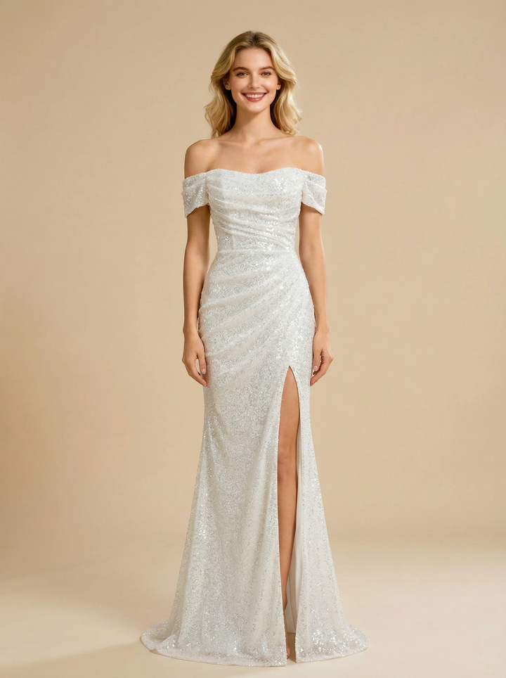 Mermaid Off Shoulder Side Slit Ruched Maxi Long Sequin Wedding Dresses Online