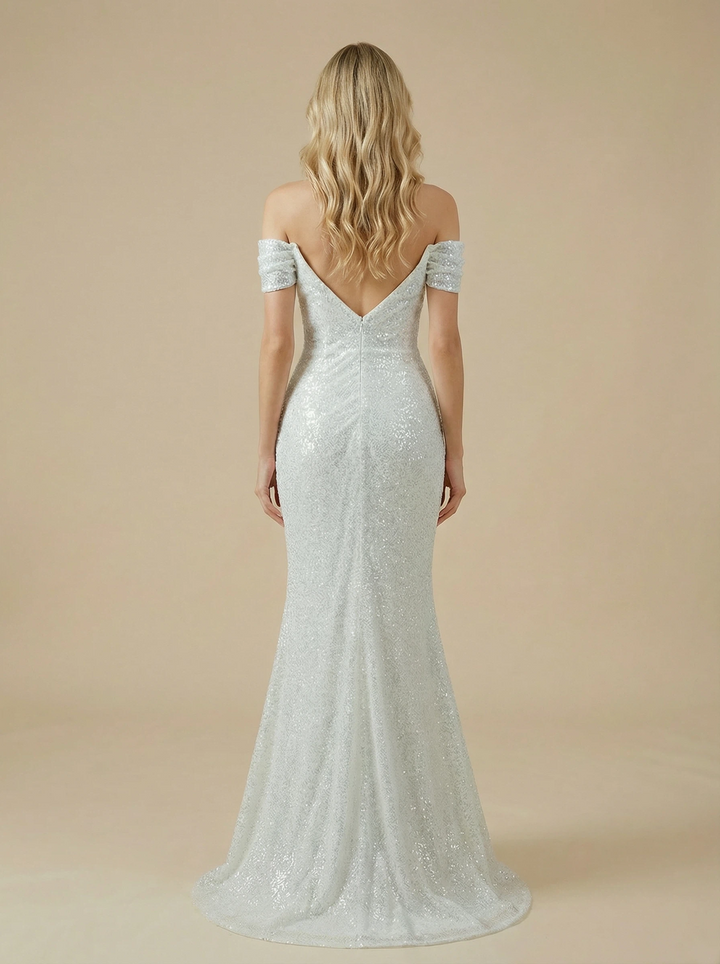 Mermaid Off Shoulder Side Slit Ruched Maxi Long Sequin Wedding Dresses Online