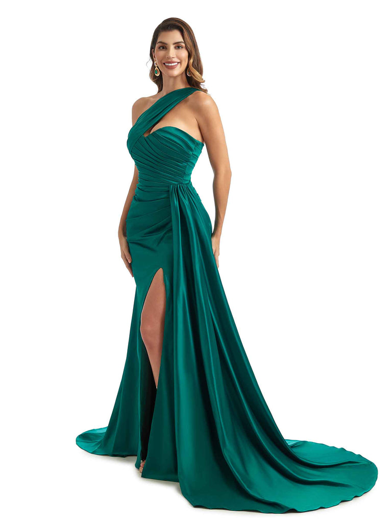 Sexy Side Split One Shoulder Mermaid Satin Unique Long Bridesmaid Dresses