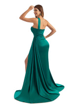 Sexy Side Split One Shoulder Mermaid Silky Satin Chic Long Wedding Guest Dresses
