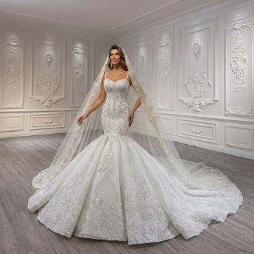 ChicSew Sparkly Mermaid Spaghetti Straps Lace Applique Ball Gown Wedding Dress
