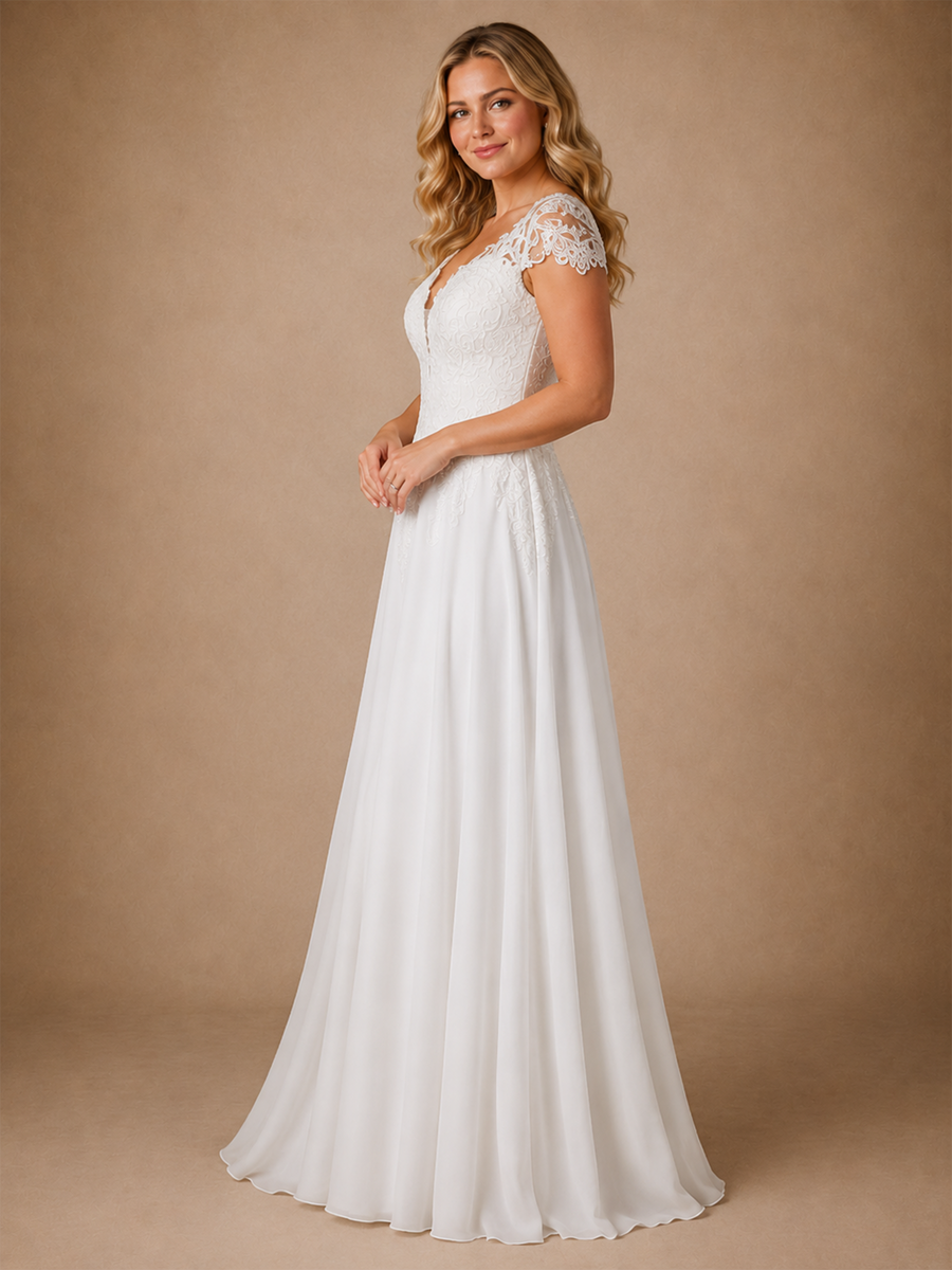 ChicSew Elegant V-Neck Short Sleeves Lace Chiffon A-Line Maxi Wedding Dress
