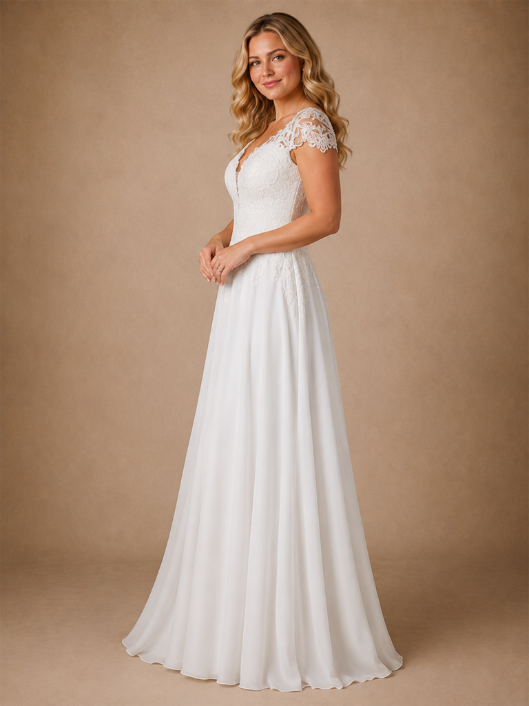 ChicSew Elegant V-Neck Short Sleeves Lace Chiffon A-Line Maxi Wedding Dress