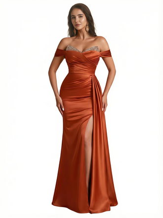 Sexy V-Neck Off The Shoulder Side Slit Mermaid Silky Satin Long Evening Dresses For Women