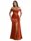 Sexy V-Neck Off The Shoulder Side Slit Mermaid Silky Satin Long Evening Dresses For Women