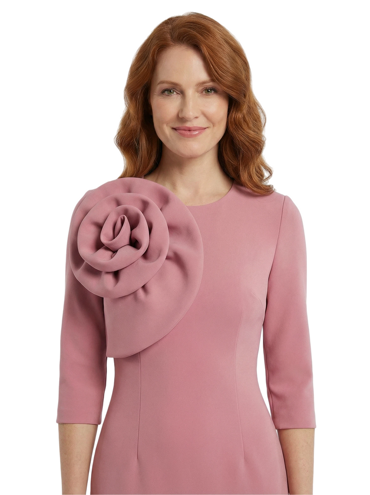 Chicsew Mother of The Groom Dress Unique Jewel 3/4 Sleeve Crepe Sheath Midi Gown Flower Accent