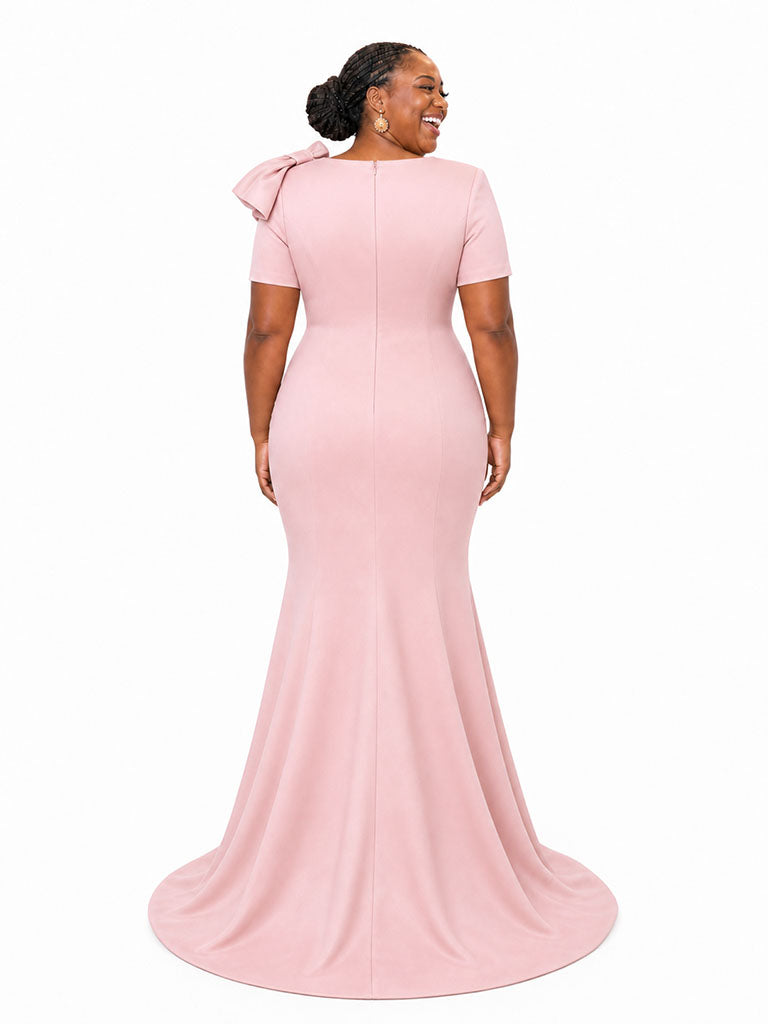 ChicSew Elegant Jewel Mermaid Short Sleeves Soft Satin Maxi Bridesmaid Dresses With Bow