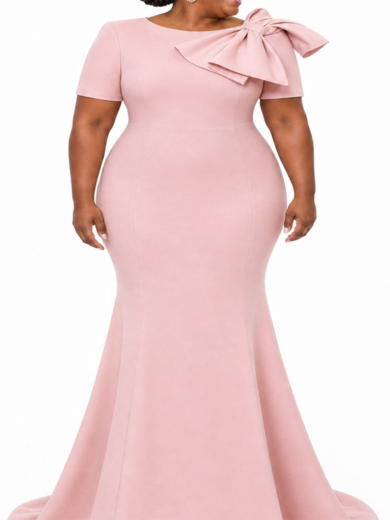 ChicSew Elegant Jewel Mermaid Short Sleeves Soft Satin Maxi Bridesmaid Dresses With Bow