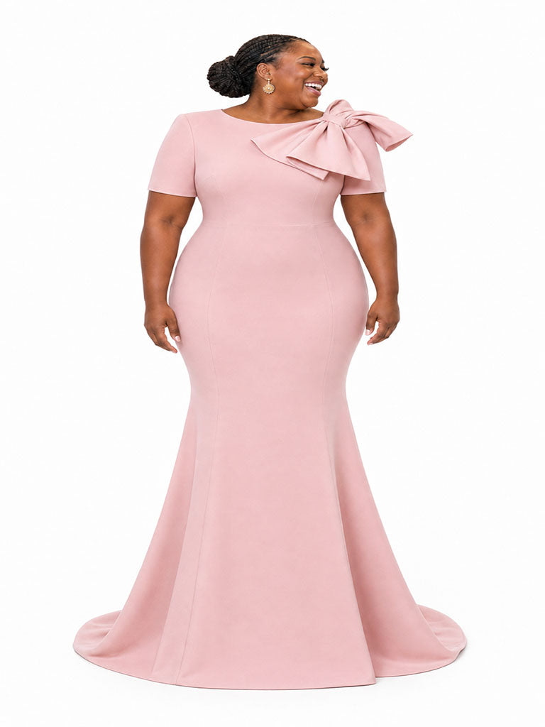 ChicSew Elegant Jewel Mermaid Short Sleeves Soft Satin Maxi Bridesmaid Dresses With Bow