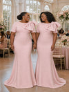 ChicSew Elegant Jewel Mermaid Short Sleeves Soft Satin Maxi Bridesmaid Dresses With Bow