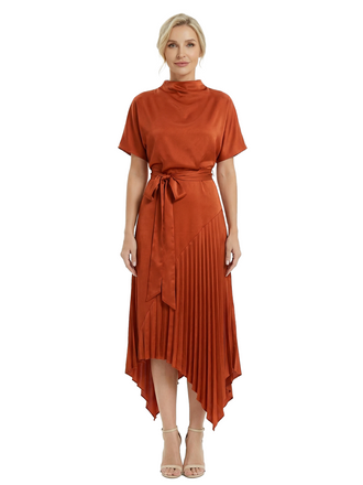 Chicsew Fashionable High Neck Short Sleeves With Pleated Asymmetric Hem Satin Mother Of The Bride Dress