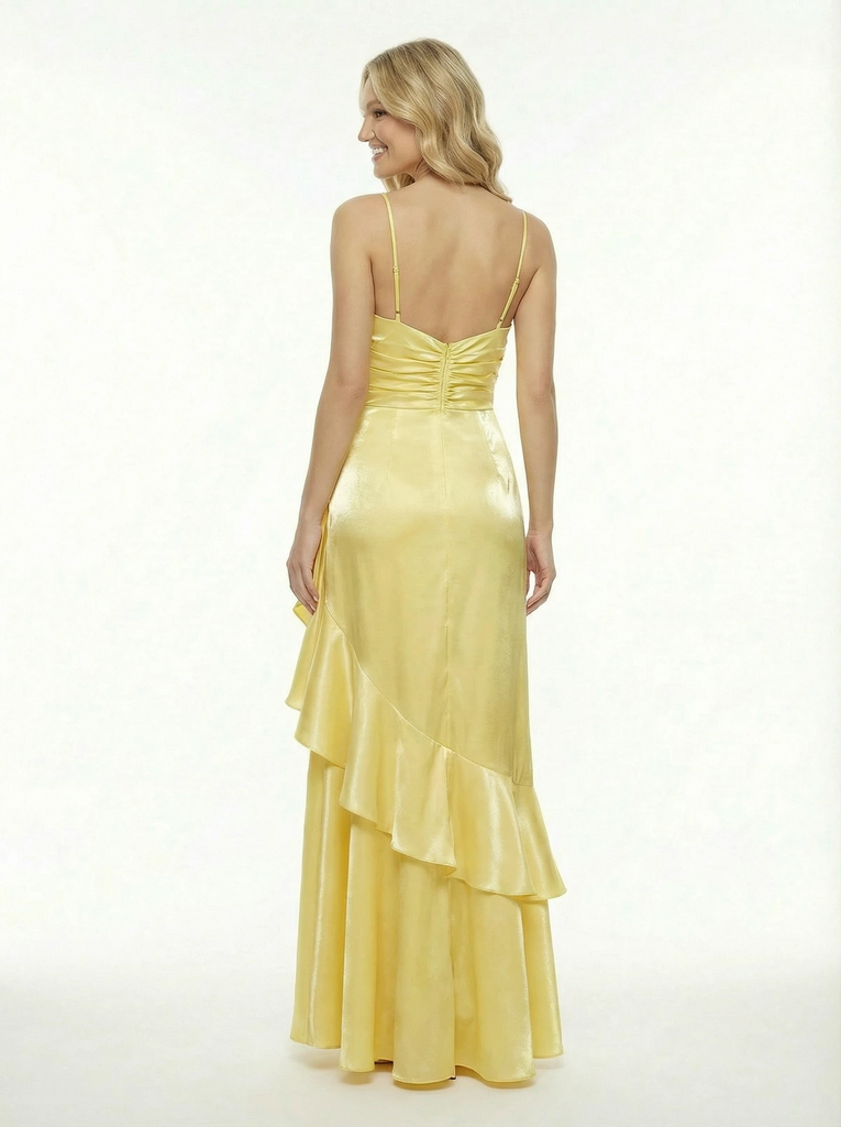 Modern Satin Spaghetti Ruffle Flowers Long Party Prom Dresses For Graduation