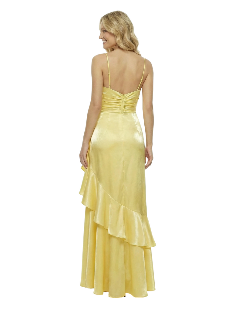 ChicSew Pretty Spaghetti Straps Ruched Ruffles Mermaid Satin Maxi Long Evening Gown