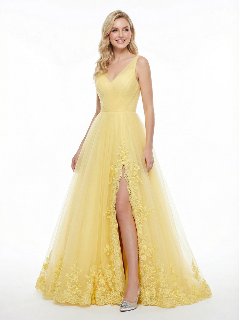 Handmade Flower Lace V-Neck A-Line Tulle Party Prom Dresses