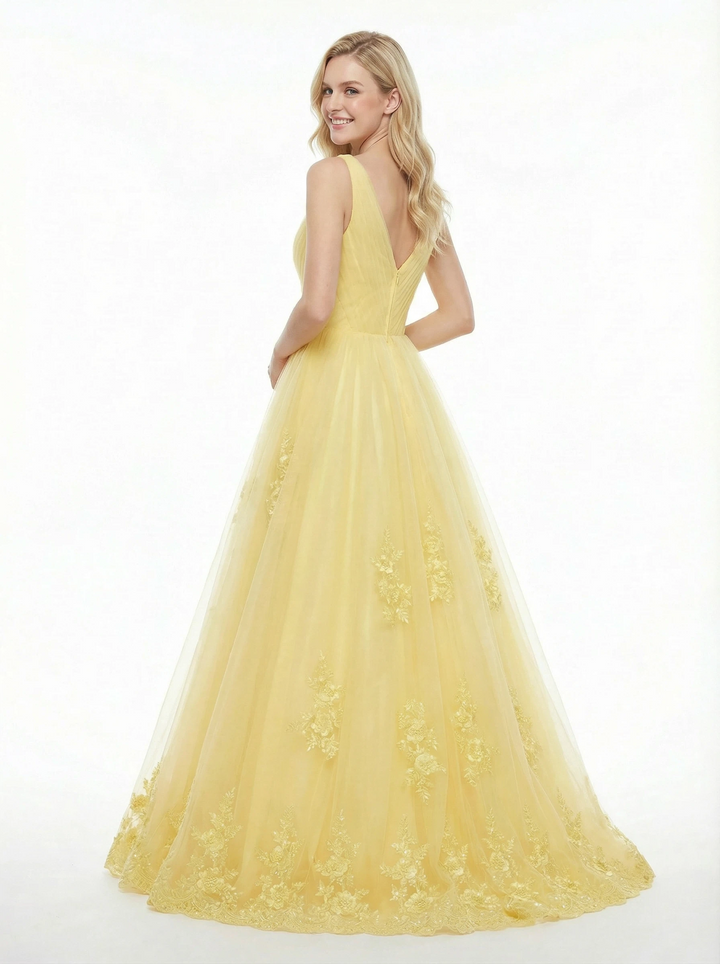 Handmade Flower Lace V-Neck A-Line Tulle Party Prom Dresses