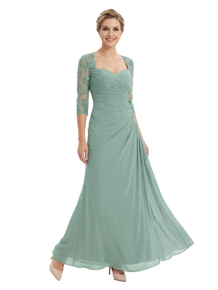 Chicsew Stunning Sweetheart Ruched Lace 3/4 Sleeves A-Line Chiffon Mother Of The Groom Dress