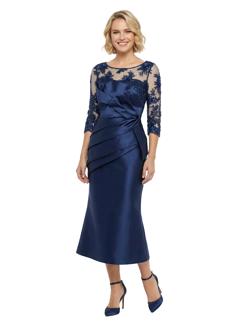 Chicsew Chic Scoop Neck Lace 3/4 Sleeves Satin Mother Of The Bride Dress With Illusion Lace Bodice