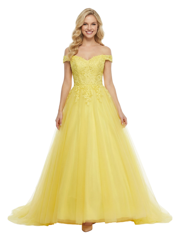 ChicSew Beautiful Off Shoulder V-Neck Tulle A-Line Maxi Long Evening Prom Dresses
