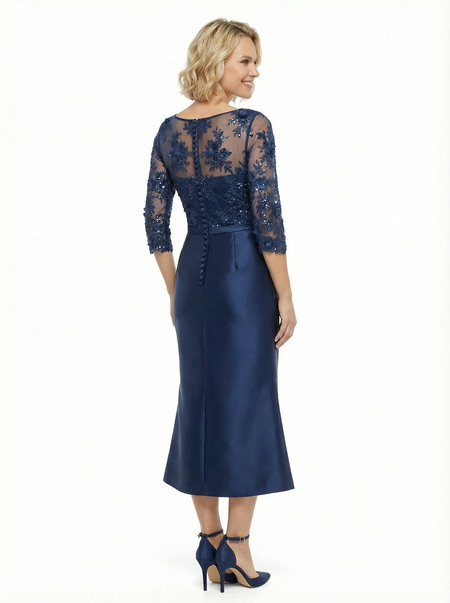 Chicsew Chic Scoop Neck Lace 3/4 Sleeves Satin Mother Of The Bride Dress With Illusion Lace Bodice