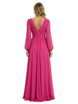 Chicsew Classy V-Neck Long Sleeves Ruched A-Line Chiffon Mother Of The Groom Dress