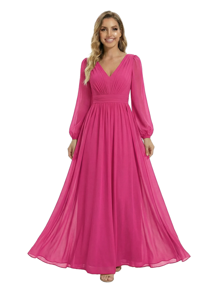 Chicsew Classy V-Neck Long Sleeves Ruched A-Line Chiffon Mother Of The Groom Dress