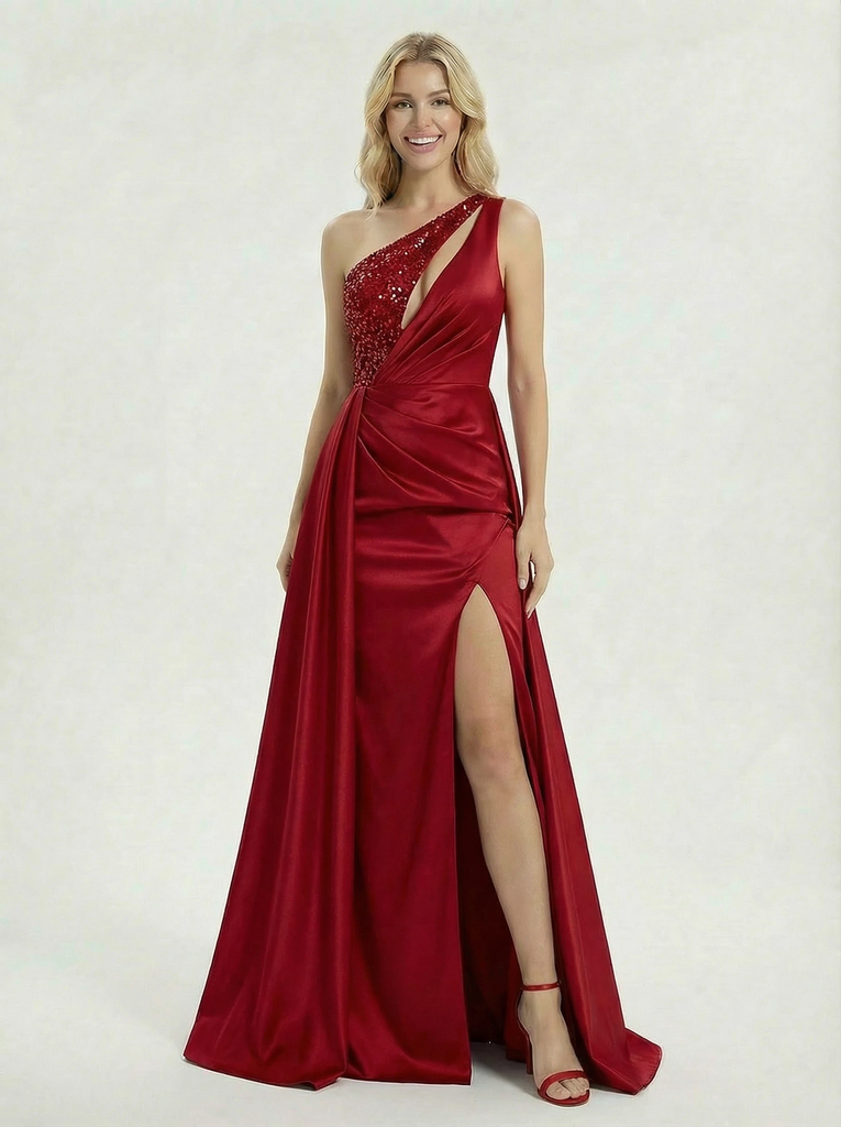Elegant And Satin Sequin Off-shoulder A-Line Party Prom Dresses With Waist Drape