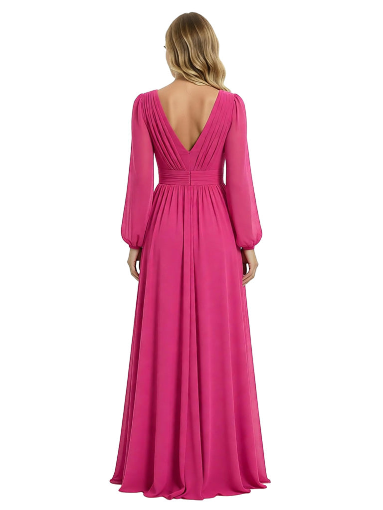 Chicsew Classy V-Neck Long Sleeves Ruched A-Line Chiffon Mother Of The Groom Dress