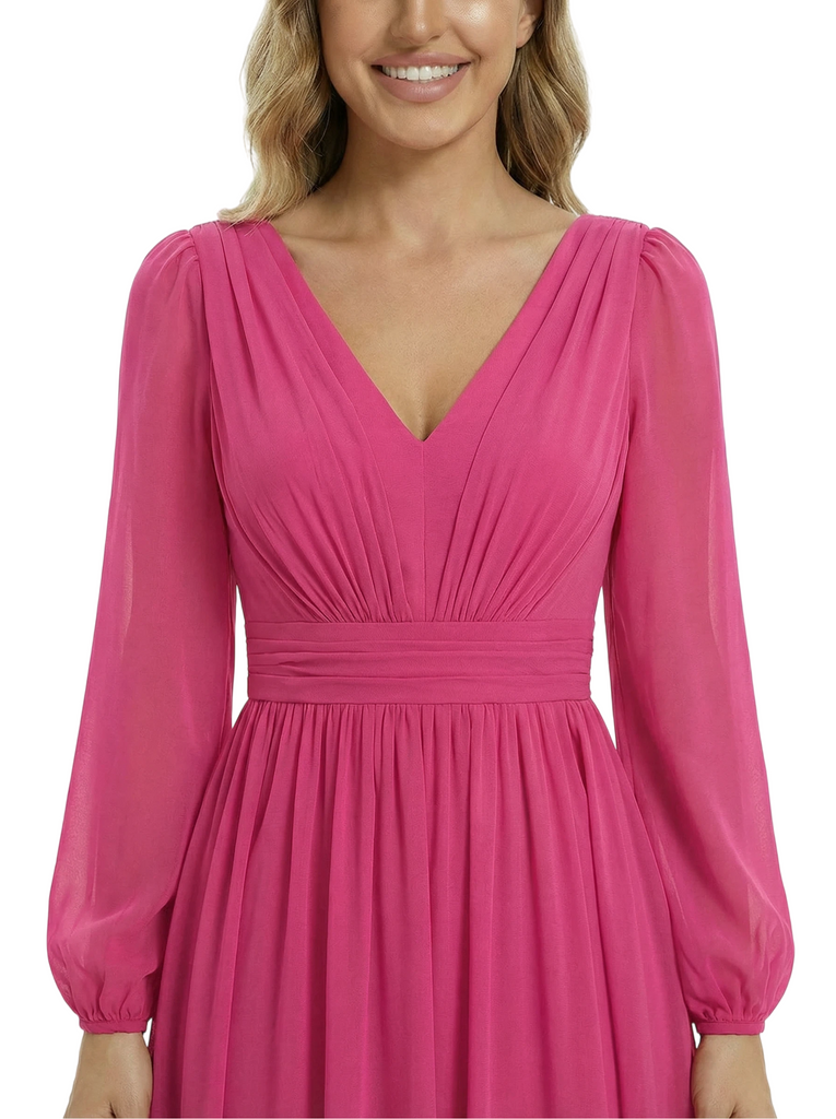Chicsew Classy V-Neck Long Sleeves Ruched A-Line Chiffon Mother Of The Groom Dress