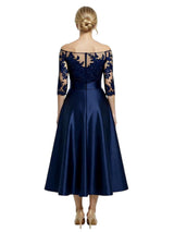 Chicsew Unique Off Shoulder Tea-Length Satin Mother Of The Bride Dress With Lace Illusion
