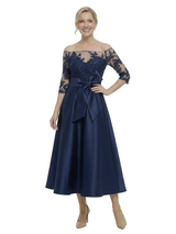 Chicsew Unique Off Shoulder Tea-Length Satin Mother Of The Bride Dress With Lace Illusion