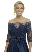 Chicsew Unique Off Shoulder Tea-Length Satin Mother Of The Bride Dress With Lace Illusion