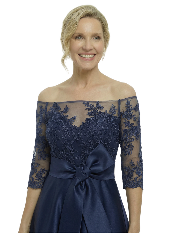 Chicsew Unique Off Shoulder Tea-Length Satin Mother Of The Bride Dress With Lace Illusion