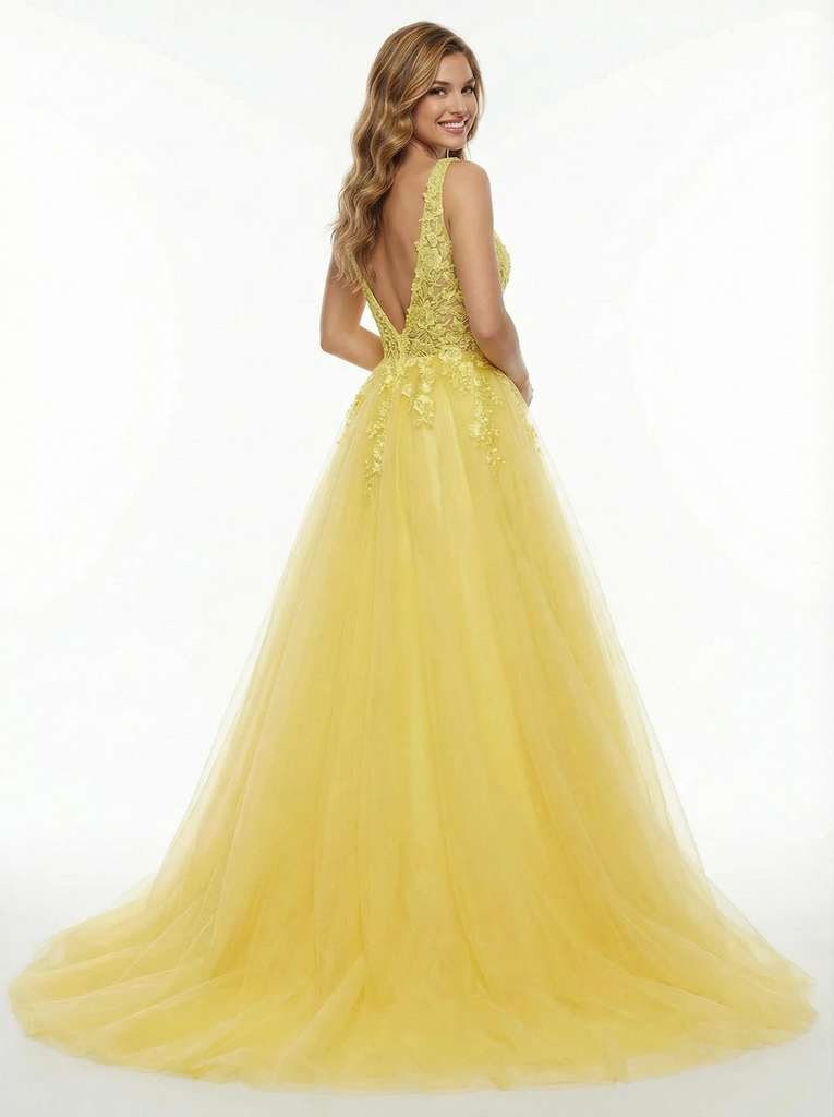 Modern Lace Appliques High Low V-Neck A-Line Party Prom Dresses