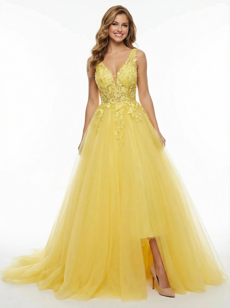 Modern Lace Appliques High Low V-Neck A-Line Party Prom Dresses