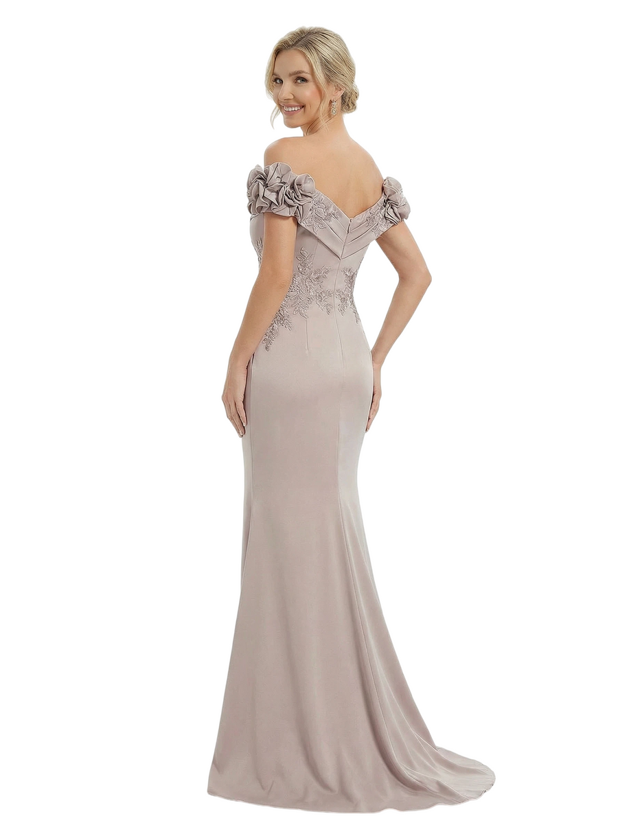 Chicsew Fancy Satin Off Shoulder Lace Appliques Ruched Mermaid Mother Of The Groom Gowns