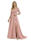 Chicsew Elegant Off Shoulder 3/4 Sleeves Ruffles A-Line Satin Mother Of The Bride Dress