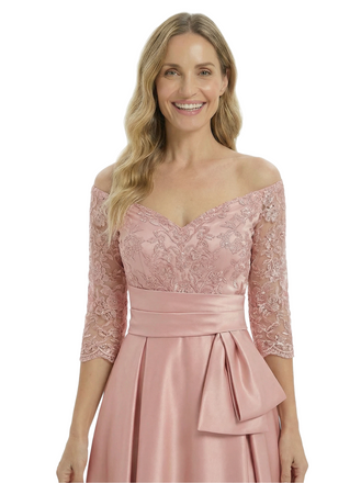 Chicsew Elegant Off Shoulder 3/4 Sleeves Ruffles A-Line Satin Mother Of The Bride Dress