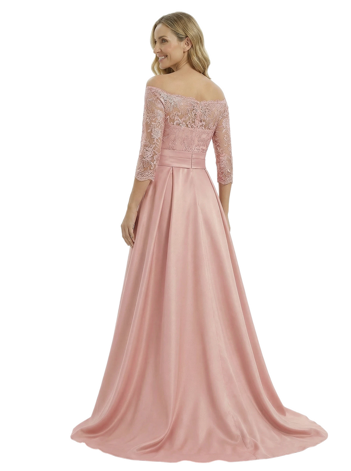 Chicsew Elegant Off Shoulder 3/4 Sleeves Ruffles A-Line Satin Mother Of The Bride Dress