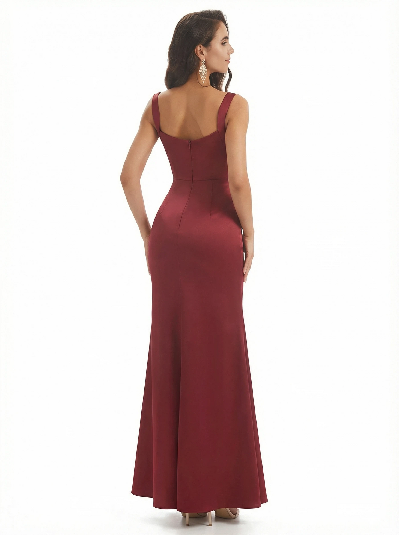 Sexy Straps Mermaid Side Slit Straps Square Silky Satin Long Formal Dresses