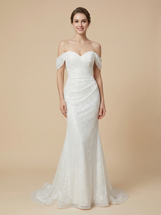 Mermaid Off Shoulder Lace Up Back Maxi Long Sequin Wedding Dresses Online