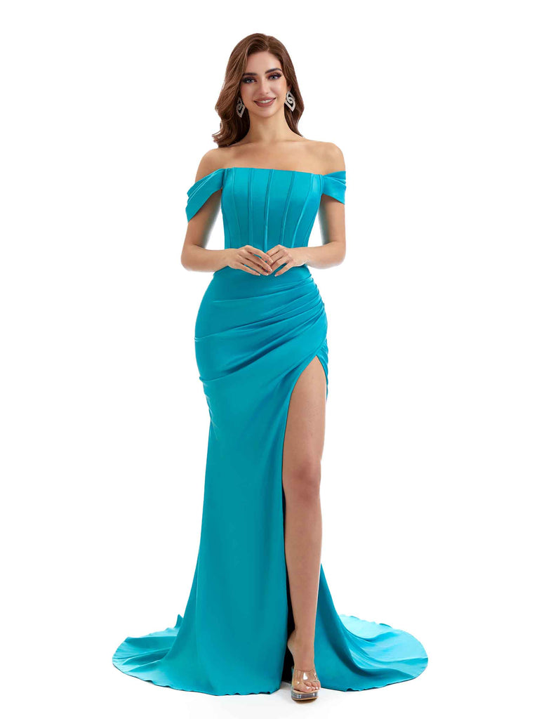 Sexy Off The Shoulder Side Split Long Mermaid Satin Bridesmaid Dresses Online