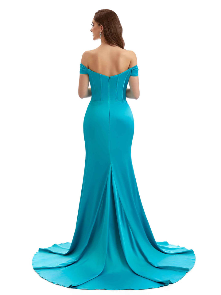Sexy Off The Shoulder Side Split Long Mermaid Satin Bridesmaid Dresses Online