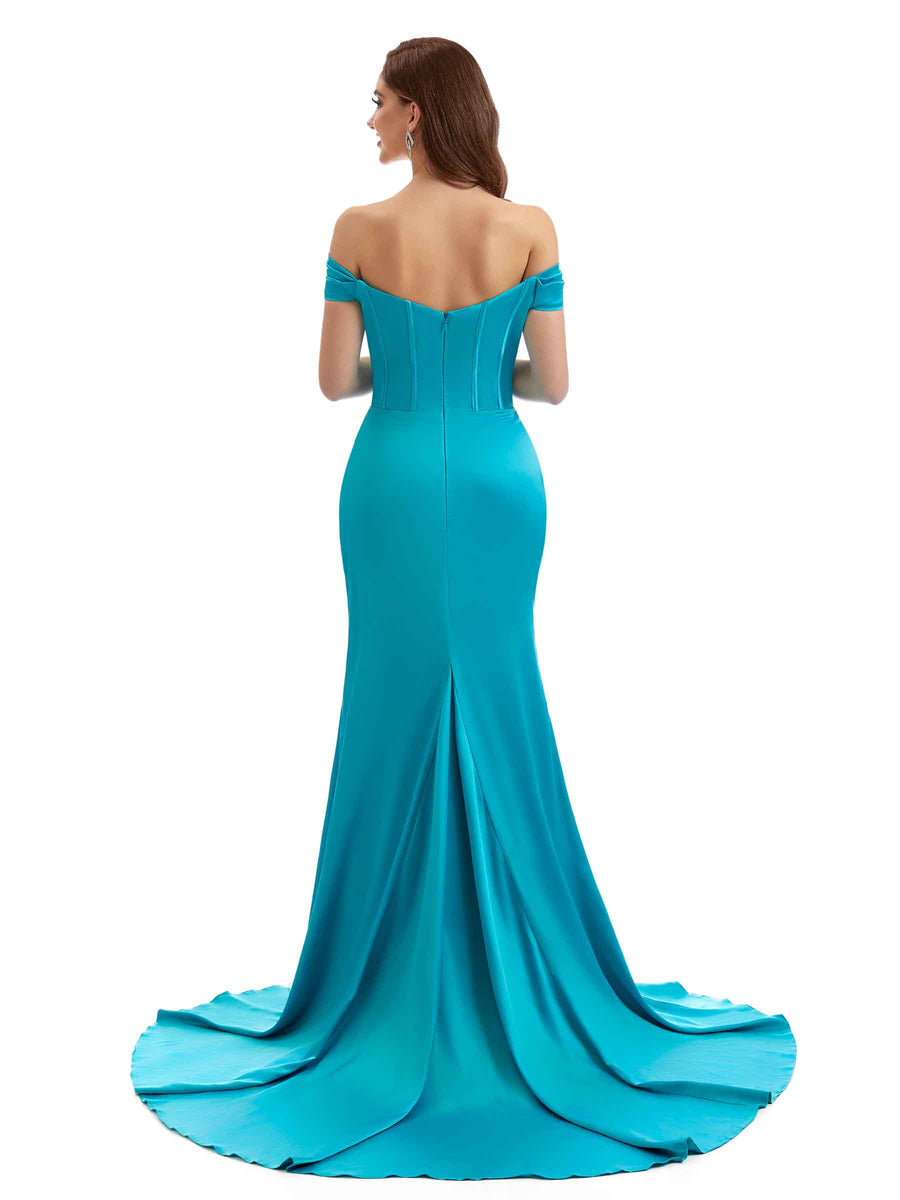 Sexy Off The Shoulder Side Split Long Mermaid Satin Bridesmaid Dresses Online