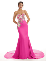 Cute Sweetheart Soft Satin Floral Lace Mermaid Long Bridesmaid Dresses In Stock